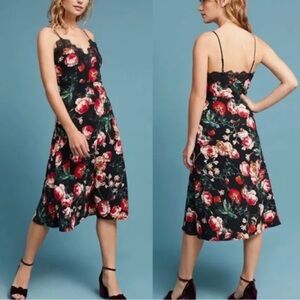 Foxiedox by Anthropologie black floral midi dress with lace trim bodice, size XS